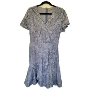 Floral Lace Dress Size M Gray Blue Faux Wrap Flutter Sleeves Short Wedding Party